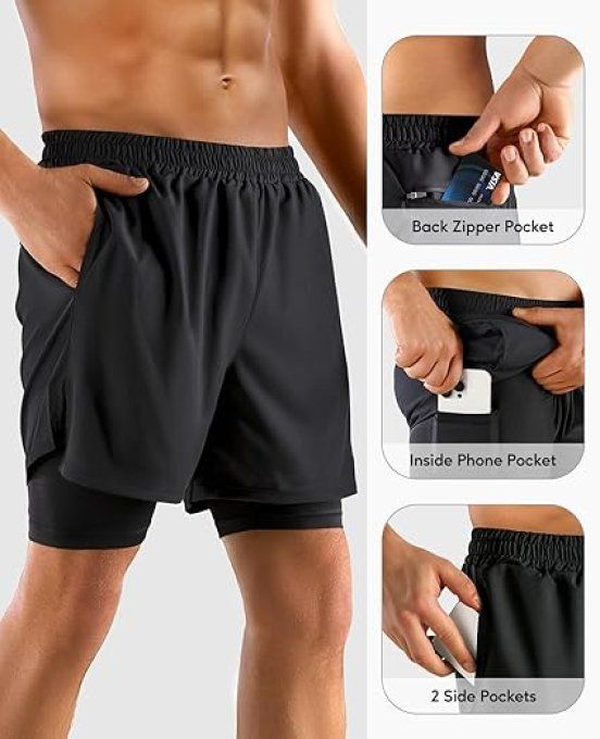 Niksa short de course pour homme 2 en 1 avec poche pour téléphone Short de sport.