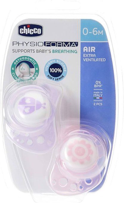 Sucettes en silicone Physio Air de Chicco convient aux bébés âgés de 0 à 6 mois.