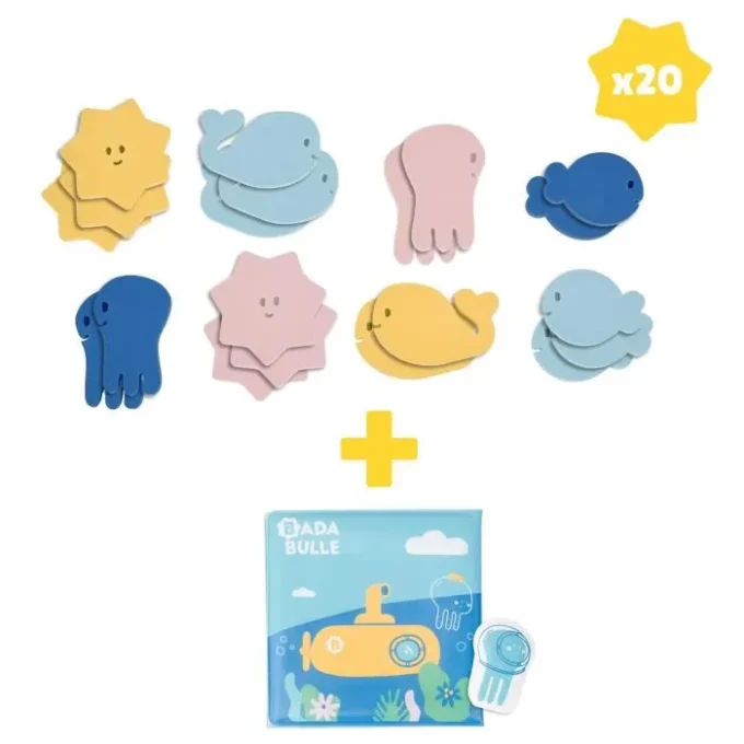 Badabulle Lot de jouets de bain, 1 livre de bain et 1 marionnette + 20 stickers de bain